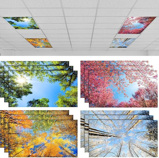 Hortsun 12 Pcs Fluorescent Light Covers Bulk, 4 x 2 ft Magnetic Fluorescent Drop Ceiling Lighting Covers Light Filter Shade for Home, Office, Hospital, School Classroom Decoration(Seasons Forest)
