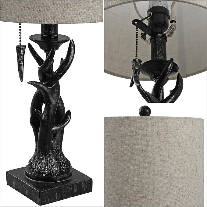 JONATHAN Y 20.5" Antique Black Rustic Antler Table Lamp for Bedroom Farmhouse Decor, Mini Faux Antler Desk Lamp with Gray Linen Shade, Lodge Cabin Nightstand Lamp, LED Bulb (JYL1031B)