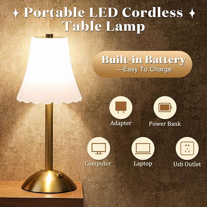 Liliful 2 Pcs Cordless Table Lamp Rechargeable Touch LED Small Gold Portable Battery Operated USB-c Desk Lamp 3 Color Dimmable for Bedroom Living Room Dining (Gold,Frosted Rose Style)