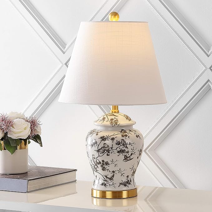 JONATHAN Y 22" Gray/White Ceramic Table Lamp, French Country Chinoiserie Ginger Jar LED Bedside Lamp for Living Room Bedroom, White Linen Shade (JYL3005C)