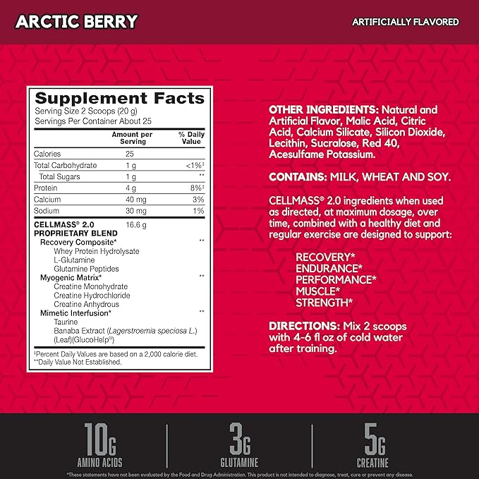 BSN CELLMASS 2.0 Post Workout Recovery with BCAA, Creatine, & Glutamine - Keto Friendly - Arctic Berry, (25 Servings) (1048058)