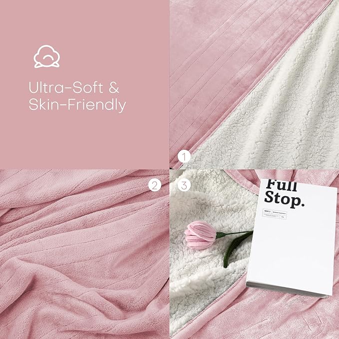 Electric Heated Blanket Throw Size 50"x60" - Flannel & Sherpa Fabric Dual-Sided, 6 Heat Settings & 3 Hours Auto Off, Soft & Cozy Warming Throw for Home, Office, or Bed, Machine Washable, Light Pink
