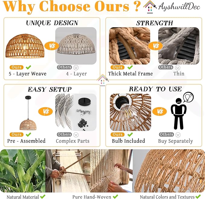 2 Pack Hemp Rope Woven Pendant Light Woven Light Fixture Boho Chandelier Light Fixture Wicker Pendant Lights Rattan Dome Wicker Chandelier for Dining Room Kitchen Island (Bulb Incl.