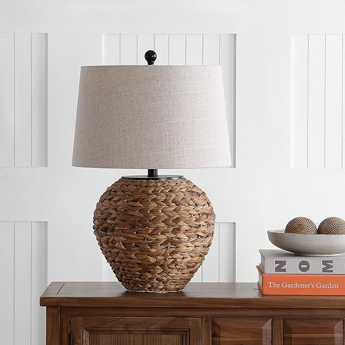 JONATHAN Y 24.5" Natural Water Hyacinth Farmhouse Basket Table Lamp, Coastal Decor for Living Room Bedroom Nightstand, Light Gray Linen Shade, LED Bulb Included JYL6501A