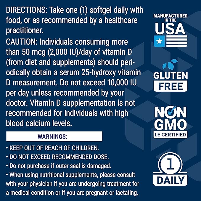 Life Extension Vitamine D3 175 mcg (7000 UI), soutien du système immunitaire, santé des os, performances cérébrales, sans gluten, sans OGM, une fois par jour, approvisionnement de deux mois, 60 gélules molles