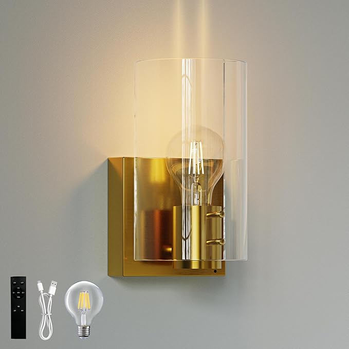 Morauroral Gold Modern Battery Operated Wall Sconce, Rechargeable Wall Sconce with Dimmable Remote, Indoor Wall Lights Warm Light for Living Room Bedroom with Glass Shade (Bulbs Included)
