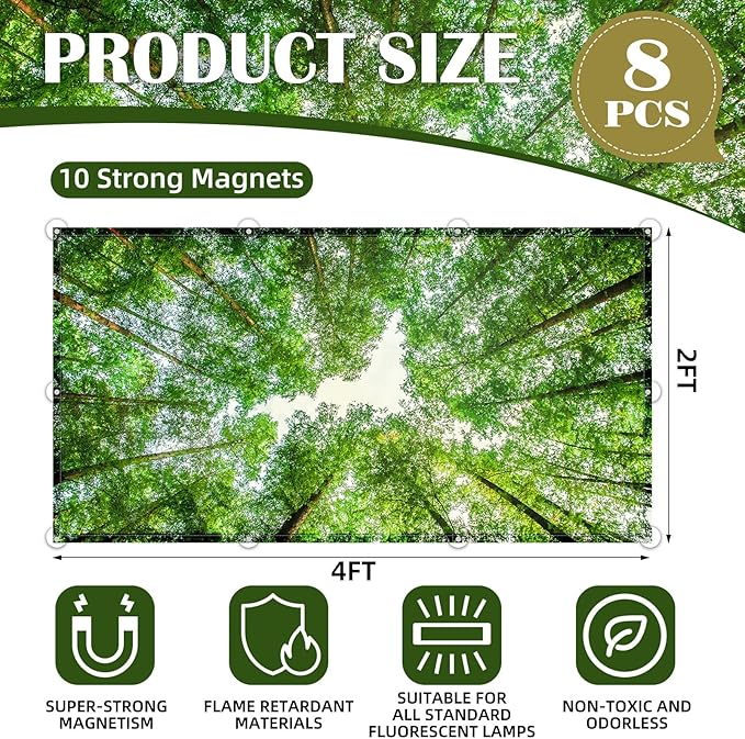 ANGSYLTH 8 Pcs Fluorescent Light Covers - 4 x 2 Feet Covers for Ceiling Lights, 8 x 10 Magnetic Light Filters for Classroom, Office, Hospitals (Spring & Forest)