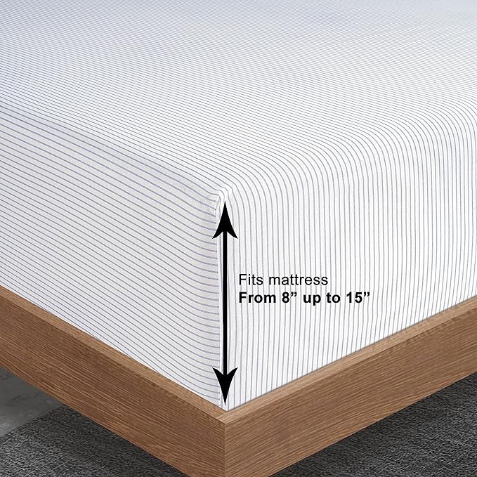 LANE LINEN 100% Organic Cotton Twin Size Fitted Sheet & Pillowcase (No Flat Sheet) - Soft & Breathable Percale Weave Fitted Sheet Set - 15'' Deep Pocket For Snug Fit - GOTS Certified - Ticking Stripe
