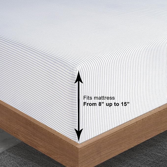 LANE LINEN 100% Organic Cotton Only Fitted Sheet Queen (Includes Pillowcases), 3 PC Set Percale Weave, Queen Size, Soft, Breathable, Printed Fitted Fits Mattress Upto 15" Deep - Ticking Stripe