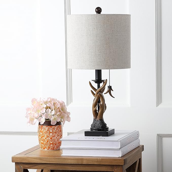 JONATHAN Y 20.5" Brown Rustic Antler Table Lamp for Bedroom Farmhouse Decor, Mini Faux Antler Desk Lamp with Gray Linen Shade, Lodge Cabin Nightstand Lamp, LED Bulb JYL1031A