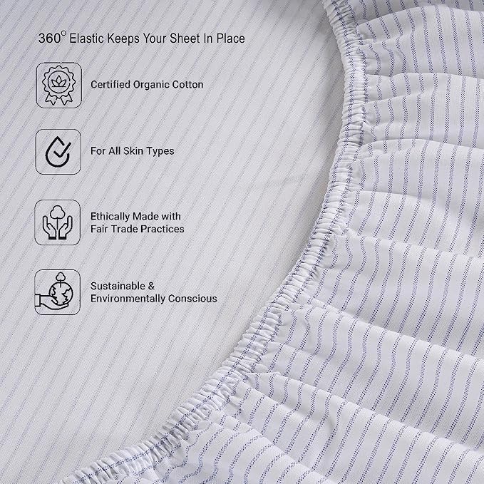 LANE LINEN Full Fitted Sheet, 100% Organic Cotton, 3-Piece Set (1 Fitted Sheet,2 Pillowcases), Percale Weave, Bed Bottom Sheet, Soft, Fits Mattress Upto 15" Deep -Ticking Stripe(No Flat Sheet)