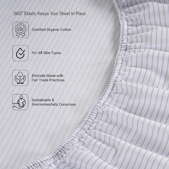 LANE LINEN 100% Organic Cotton Only Fitted Sheet Queen (Includes Pillowcases), 3 PC Set Percale Weave, Queen Size, Soft, Breathable, Printed Fitted Fits Mattress Upto 15" Deep - Ticking Stripe