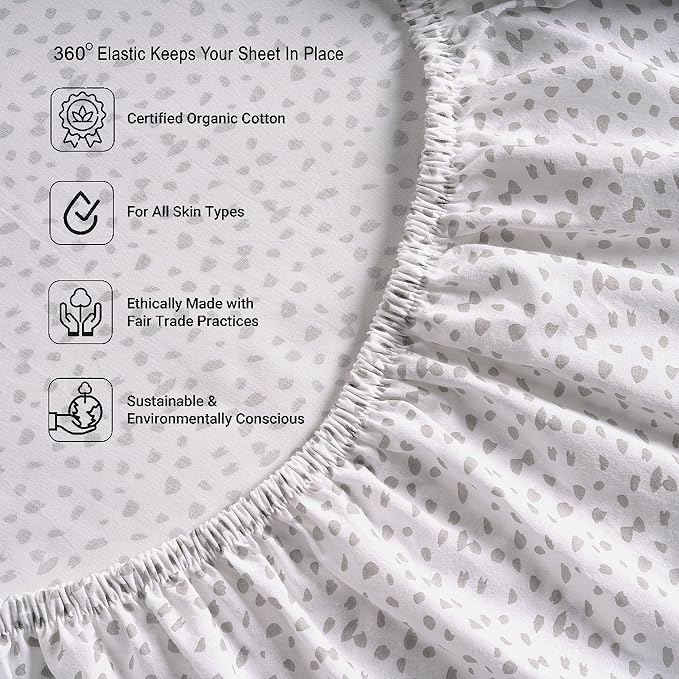 LANE LINEN Queen Fitted Sheet, 100% Organic Cotton Fitted Bed Sheets, 3 Pc Set(1 Fitted Sheet,2 Pillowcases) Percale Weave, Breathable, Fits Mattress Upto 15" Deep - White(Grey Dot)(No Flat Sheet)