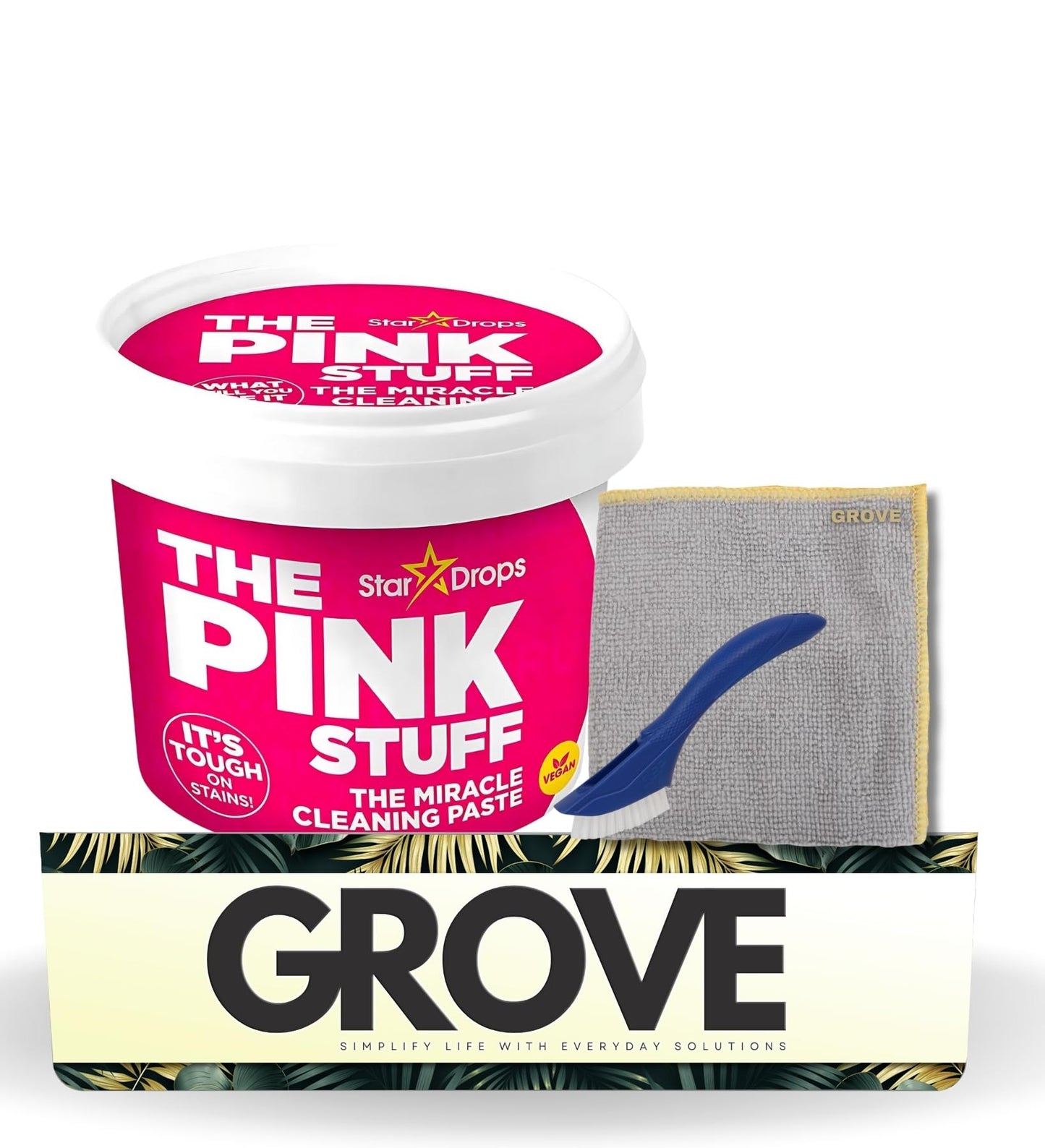 The Pink Stuff Pâte Nettoyante Multi-Usages Parfum Fruité 500g avec Chiffon Microfibre + Brosse à Récurer - Puissant contre les Taches - Doux pour les Surfaces de Salle de Bain, Cuisine & Plus - (3 Articles)
