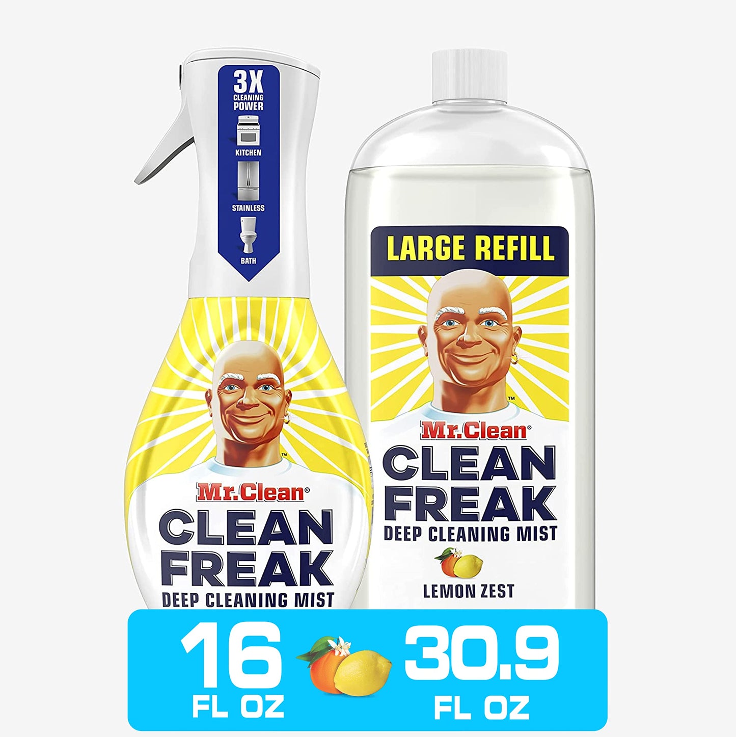 M. Propre Nettoyant tout usage Clean Freak Vaporisateur Kit de nettoyage pour salle de bain et cuisine Parfum Citron Comprend 1 bouteille pulvérisateur (473 ml) et 1 grande recharge (915 ml)