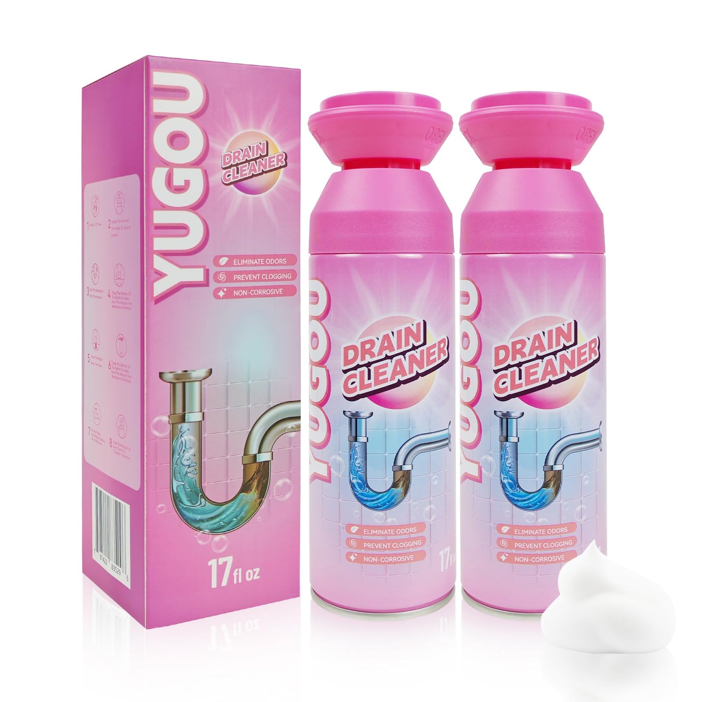 Yugou Nettoyant pour canalisations, nettoyant mousse pour évier, nettoyant et désodorisant pour évier, déboucheur pour canalisations de cuisine, éviers, douches, baignoires (2 pièces)
