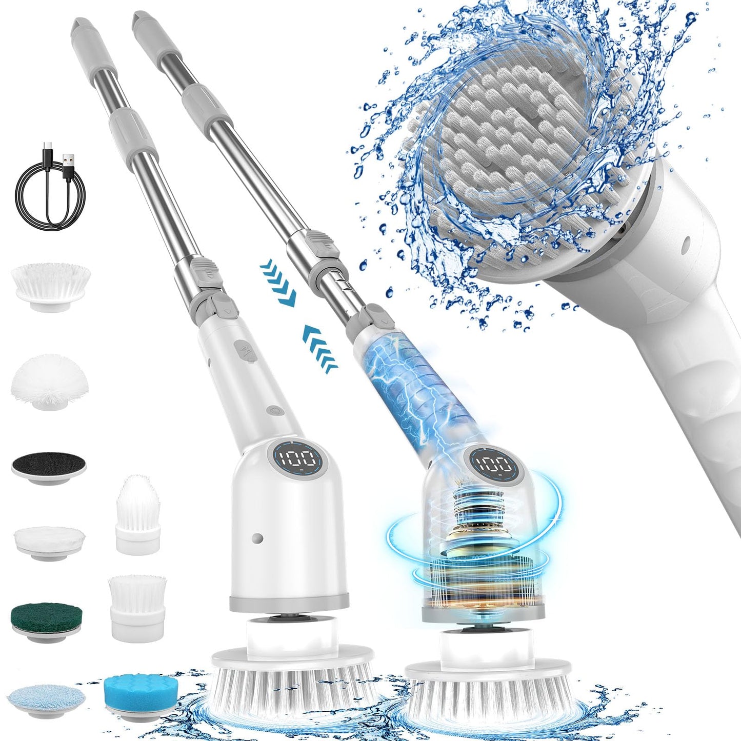 Brosse de nettoyage électrique rotative - Brosse de nettoyage sans fil IMAXTOP avec 8 têtes remplaçables, nettoyant de douche avec long manche pour salle de bain, carrelage, baignoire et cuisine