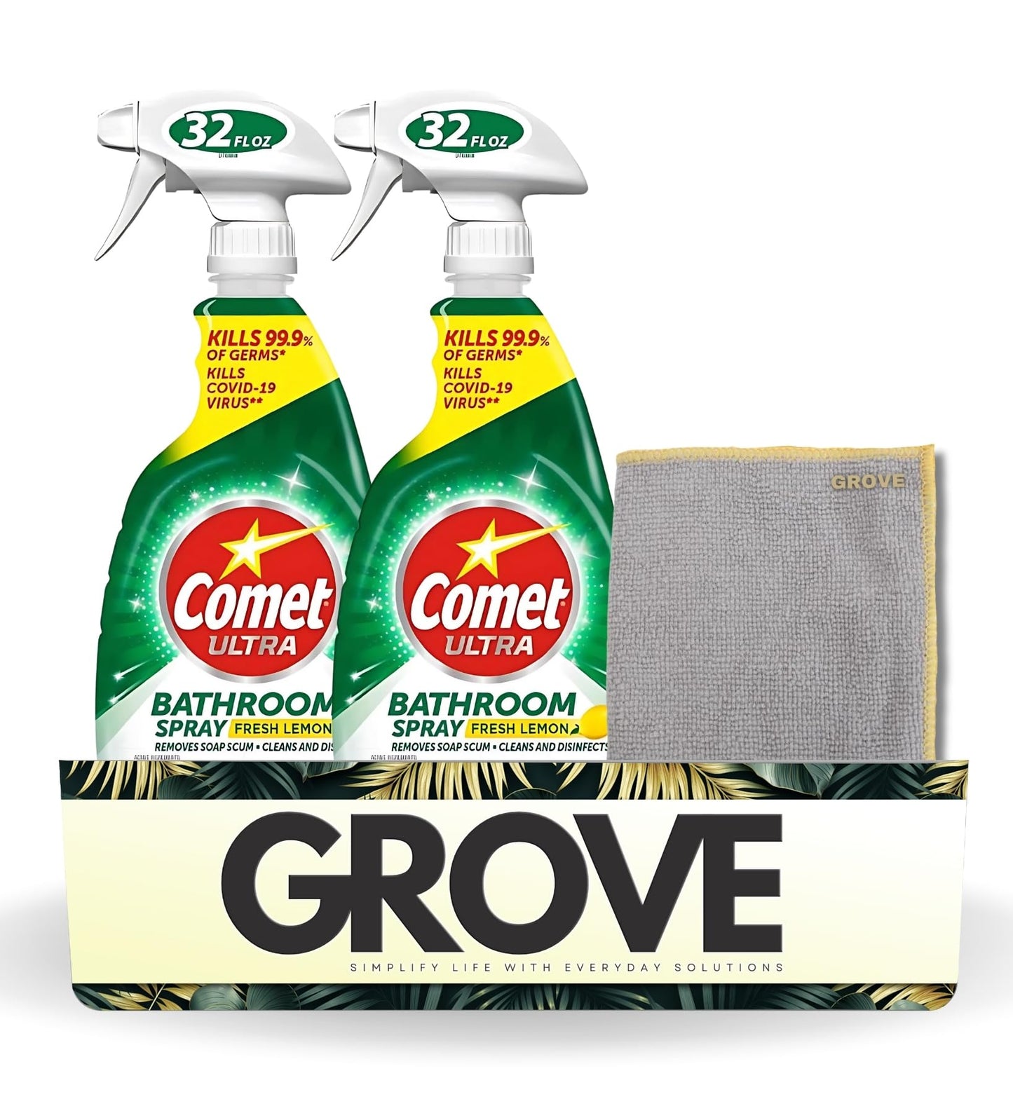 Comet Lemon Scent Concentrated Bathroom Cleaner Spray 32 oz Bundle with Microfiber Cloth - Powerful Disinfectant - Cleans Soap Scum & Tough Stains on Various Surfaces - (3 Items)