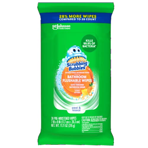Scrubbing Bubbles Antibacterial Flushable Bathroom Cleaner Wipes Resealable Packaging Citrus Action Scent 36 Wipes